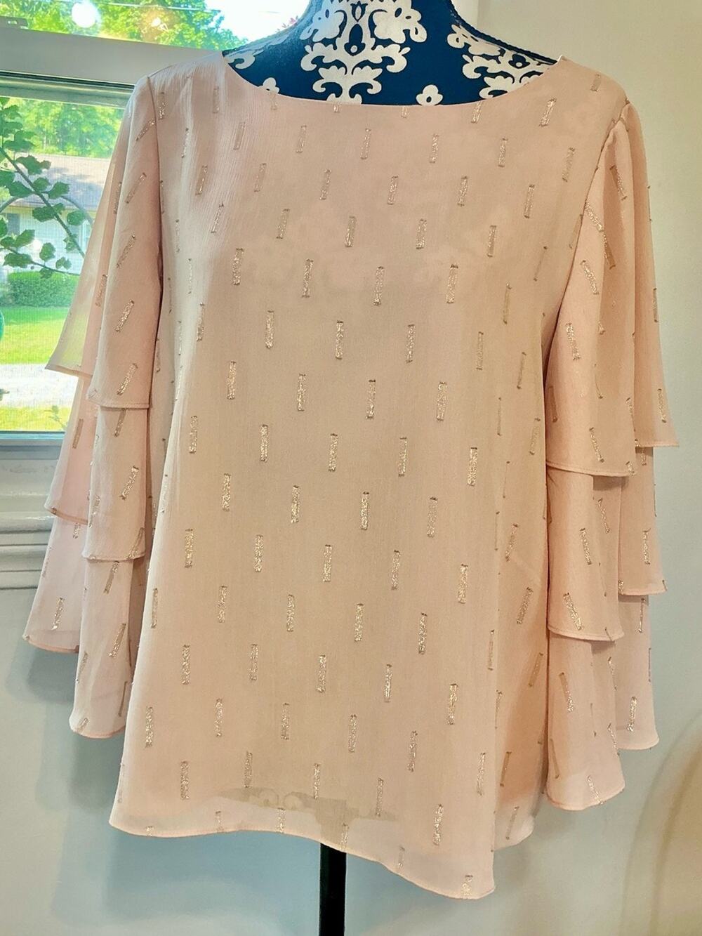 Chico's Blush Pink Tiered Bell Ruffle Sleeve Blouse with Gold Accents Medium